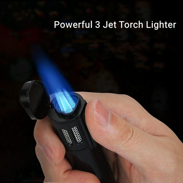2022 New Três Triple Torch Gun Lighter Refill Metal Windproof Gás Butano Jet Isqueiro 3 Bicos Blue Flame Fumando Gadgets