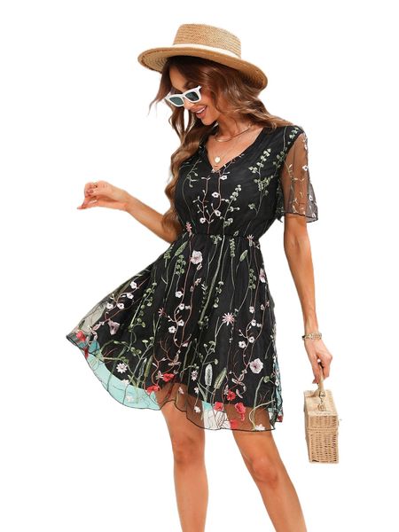 

plants embroidery v neck dress 85ze#, Black;gray