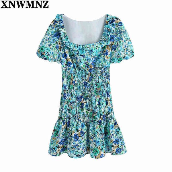 

xnwmnz women sweet agaric lace floral print pleated slim dress female prairie chic puff sleeve vestido ruffles mini woman 210513, Black;gray
