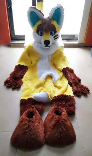 Husky Dog Fox Mascot fantasia longa traje peluda de lobo peursuit de pelúcia de pelúcia
