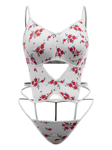 

plus floral print teddy bodysuit e293#, Black;white