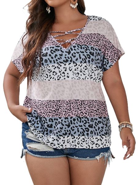 

plus leopard print crisscross front dolman sleeve tee k7a2#, Black