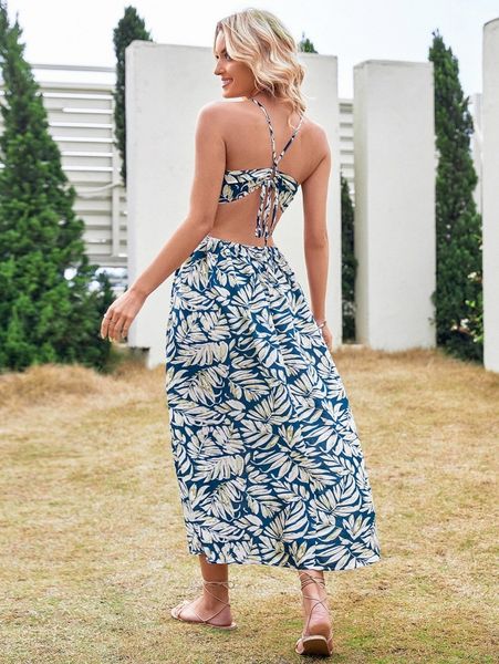 

tropical print cut out tie back halter dress p8gx#, Black;gray