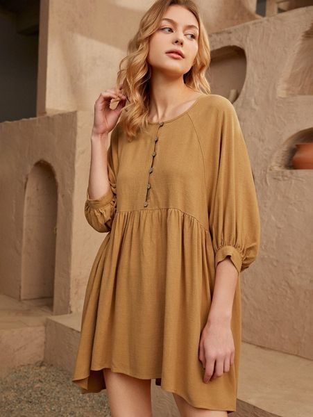 

lantern sleeve button front smock dress a9cv#, Black;gray