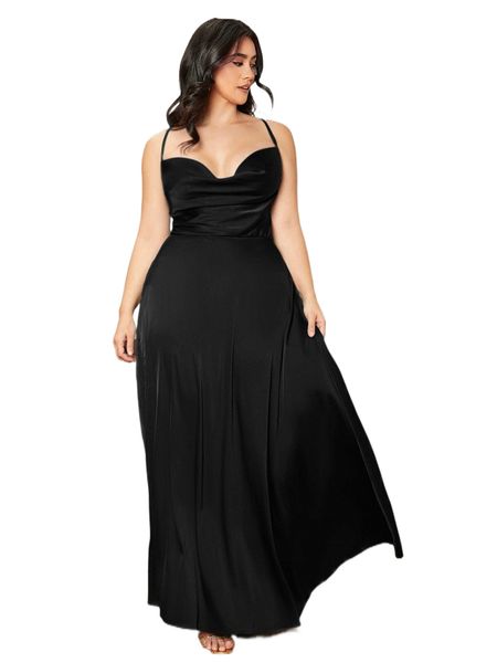 

plus draped lace up backless satin formal dress 61aw#, Black