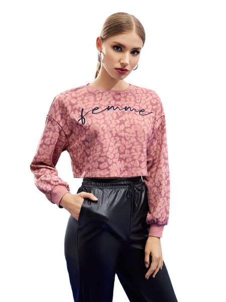 

x pchawj letter & leopard graphic crop sweatshirt a0fy#, Black