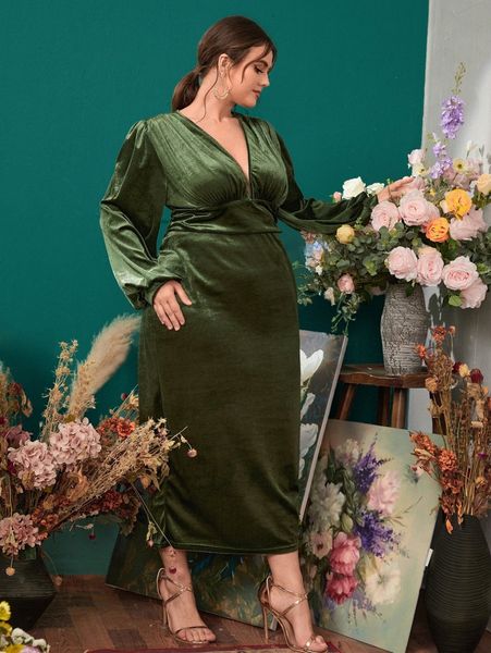 

plus split back lantern sleeve velvet dress 78am#, Black