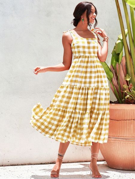 

love&lemonade gingham print tie shoulder ruffle hem dress p36i#, Black;gray