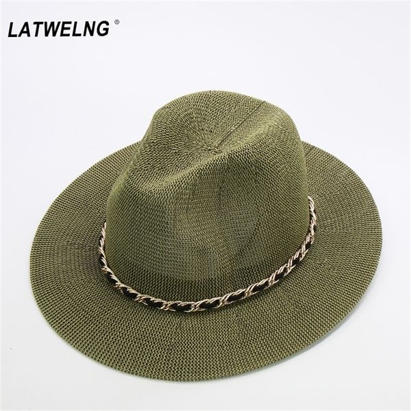 

fashion metal chain panama hats for women 10 colors jazz cooling sun summer breathable elegant ladies party hat wholesale 220712, Blue;gray