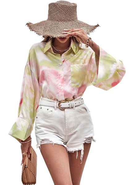 

tie dye drop shoulder pocket patched blouse 55sj#, White