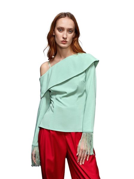 

x areej rimawi asymmetrical neck fringe trim y14q#, White