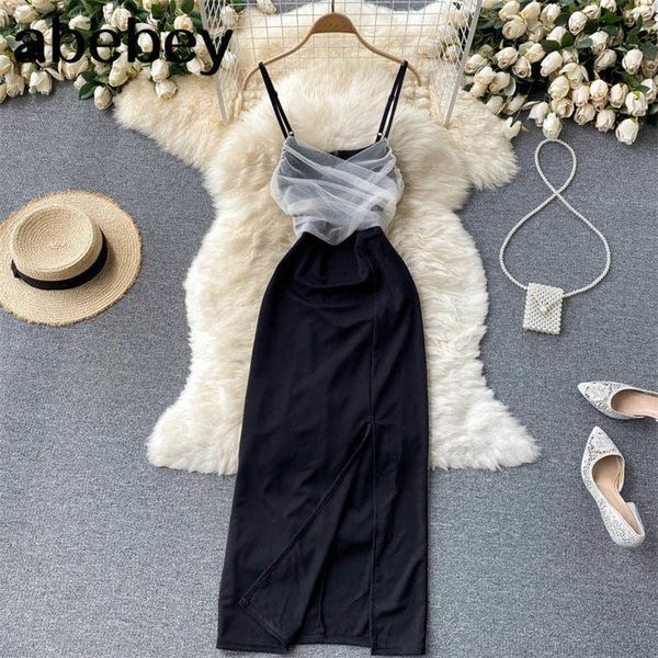 

women korean strap dress splice mesh sleeveless slim party dresses summer off shoulder split long sundress 210715, Black;gray