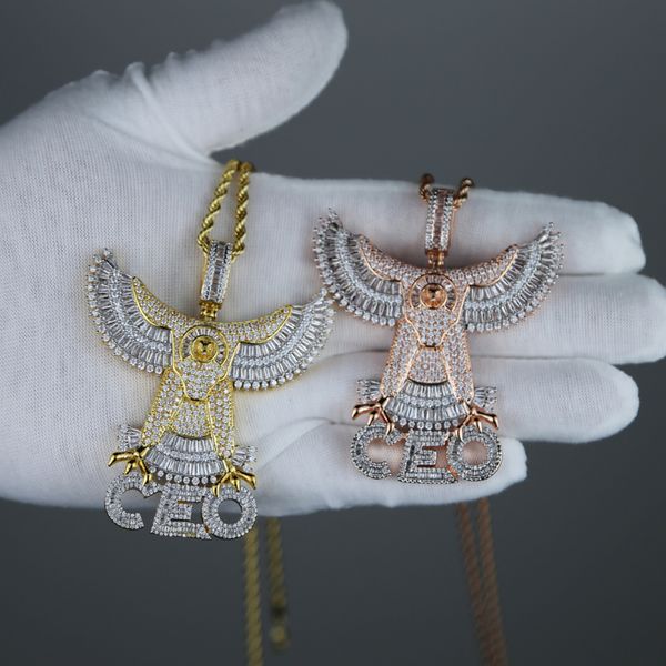 

iced out eagle pendant with letter ceo penadnt necklace paved full 5a cubic zircon stones plated gold silver rose color for men boyfriend pu