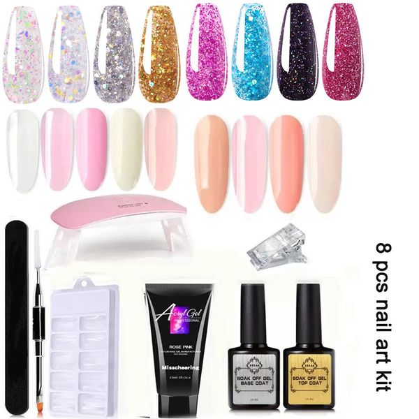 

nail extension gel kit with uv led clipper files tips gel base coat coat all-in-one diy nail art tools for starter nail art kit 8pcs set 17