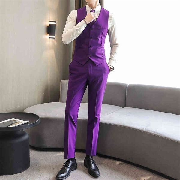 Twopieces Abito da uomo formale da uomo solido per uomo Boutique di moda Slim Fit Abito da sposa viola bianco Abito da sera Pantaloni 210412