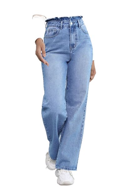 

frilled high waisted light wash jeans t4ov#, Blue