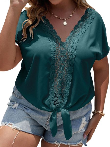 

plus guipure lace panel tie hem blouse z3lw#, Black