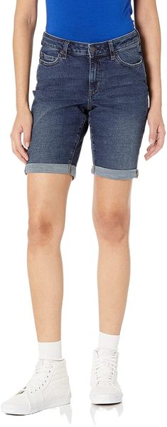

essentials women's 9" denim mid-rise bermuda shorts h0g2#, White;black