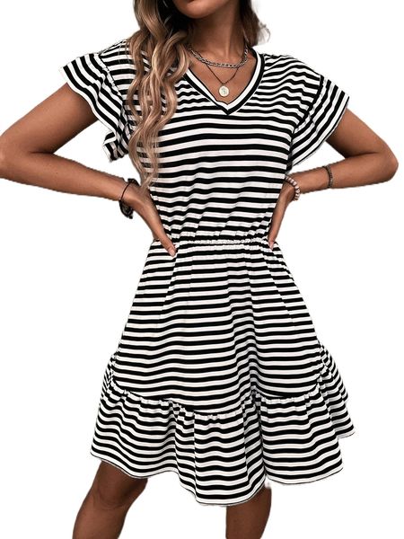 

striped butterfly sleeve ruffle hem dress b8oj#, Black;gray