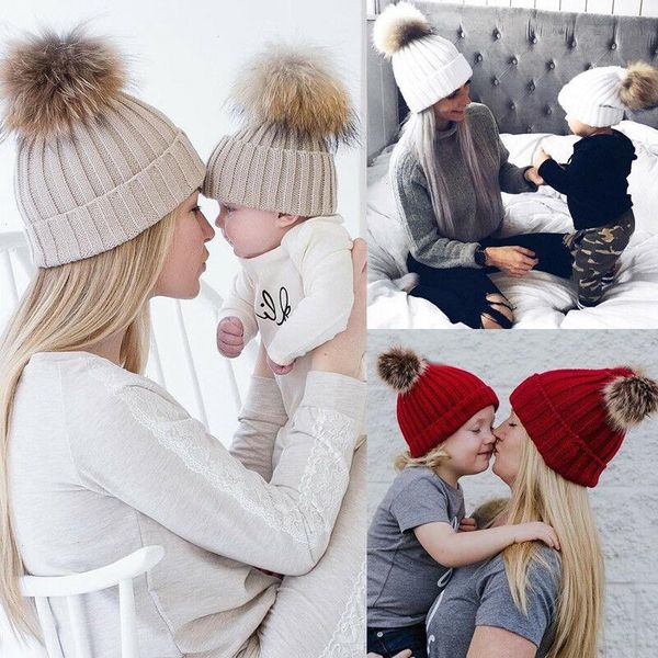 

mom and baby winter wool knitted cap beanie hats mother boys girls pom caps, Yellow