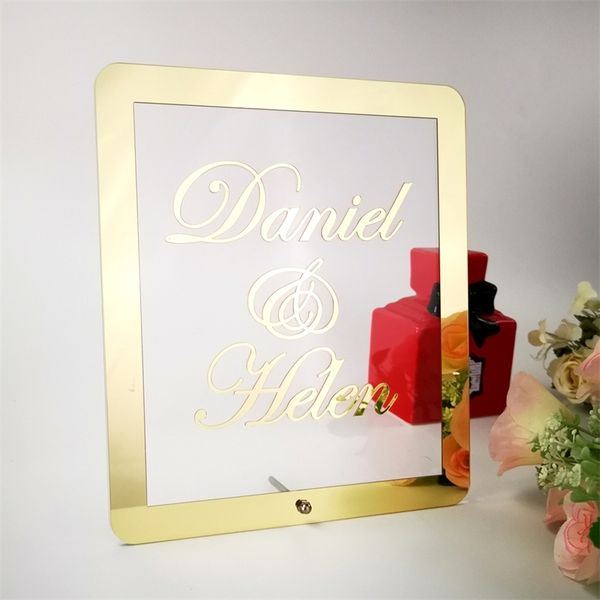 Retângulo Nome do casamento personalizado Mirror Frame acrílico adesivo Babysher Shower Palavra Decoração de mesa com os convidados da unha Favor Presente D220618