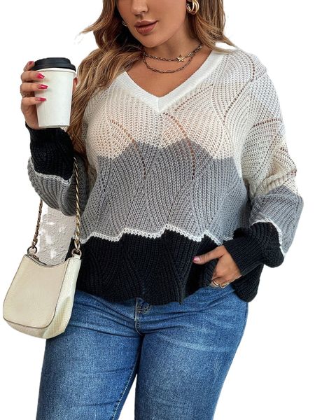 

plus colorblock pointelle knit drop shoulder sweater t0ko#, Black