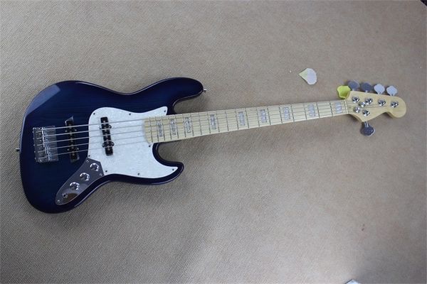 

real dark blue 5-string electric bass guitar with white pearl pickguard,maple fingerboard,chrome hardwares,can be customized.