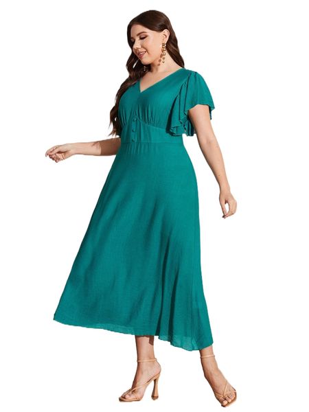 

plus fake button flutter sleeve dress o6tt#, Black