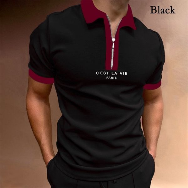

summer mens clothing polo shirts streetwear print casual short sleeve tee shirt men turndown collar zipper polos 220622, White;black