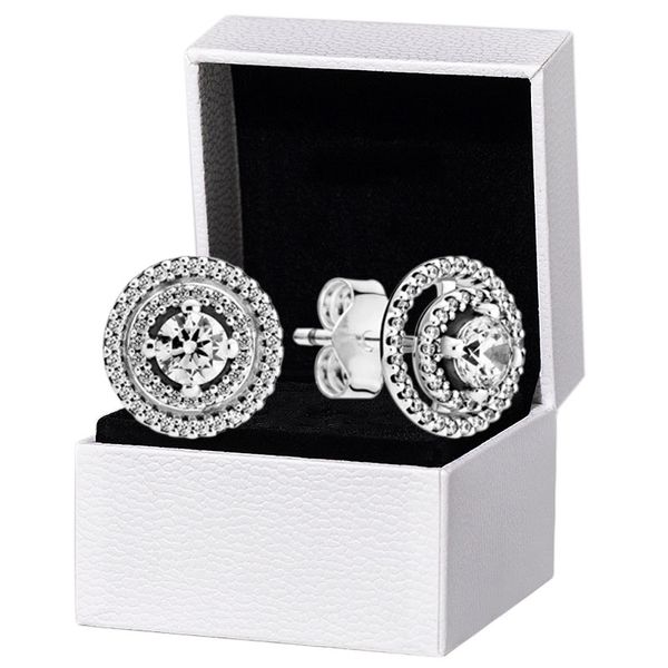 NOVO Brincos Espumantes Duplo Halo Stud Caixa Original para Pandora 925 Prata Esterlina Mulheres Presente de Casamento CZ Brinco de Diamante