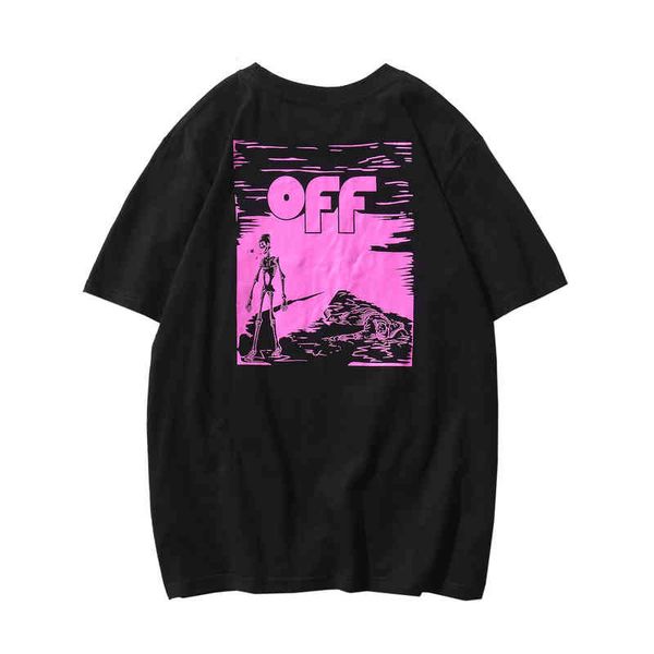 

2022 spring and summer new off pink skull letter pattern round neck pullover short sleeve unisex7opi, White;black