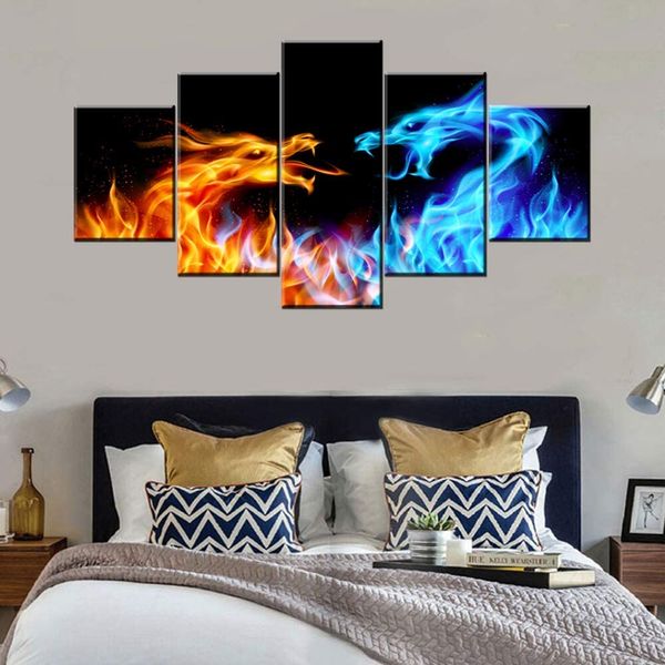 Dragon abstrakte Tierblau und rotes Feuer 5 Stück Leinwand Bilddruck Wandkunst Leinwand Malerei Wanddekor für Wohnzimmer