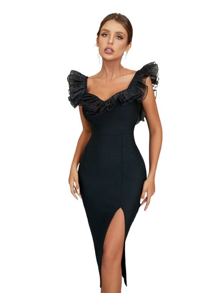 

adyce ruffle trim split thigh bandage dress 14mi#, Black;gray