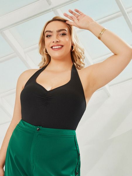 

plus ruched tie backless halter bodysuit a4ff#, Black
