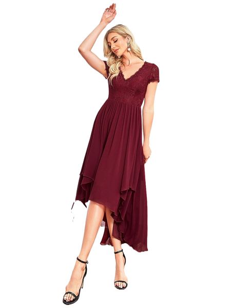 

ever-pretty contrast lace high low hem chiffon formal dress y6ja#, Black;gray