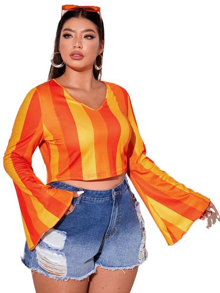 

x kymmadoodles plus striped bell sleeve crop tee l7nw#, Black