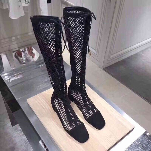 

dress shoes mesh hollowed out knee length boots women's summer round square head thick heel cool long tube bandage mesh 1x37, Black