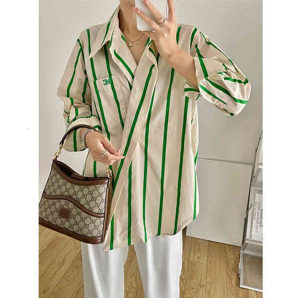 

women's blouses shirts early autumn women's wear design sense embroidery mc cotton stripe irregular polo collar long sleeve shirt, White