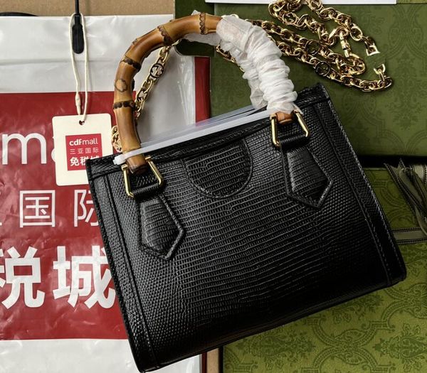 

realfine bags 5a 675800 20cm diana small tote black lizard handbag shoulder purses for women with dust bag
