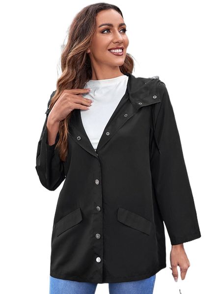 

snap button up drawstring hooded coat b2hh#, Black