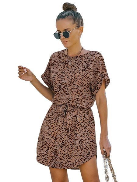 

random dalmatian print batwing sleeve belted dress t32a#, Black;gray