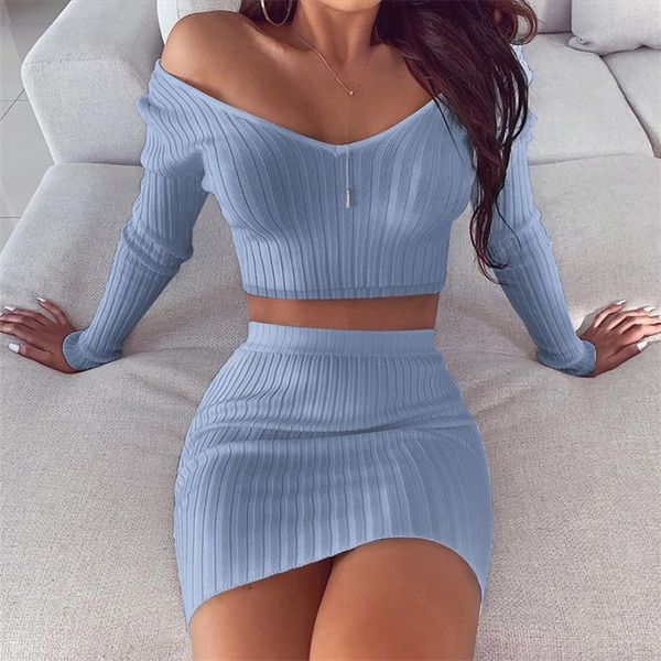 

2 piece set women s knitted solid suit off shoulder crop and skirt sets female 2020 spring white two piece set outfits lady t200702