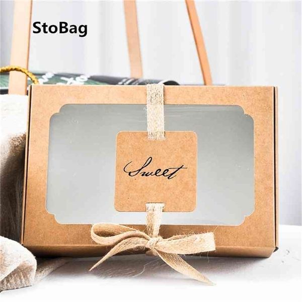 STOBAG 10PCS Sweets Kraft Box Paper Bag Biscuit Cookie Gift Cupcake Box Candy Bag Party Party Cake Decorating Baking Supplies 210724