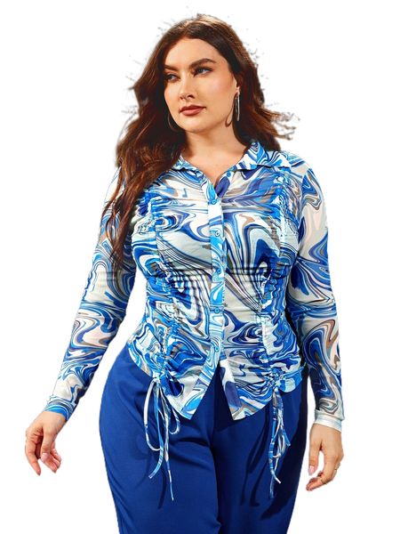 

plus marble print drawstring mesh blouse c9j8#, Black