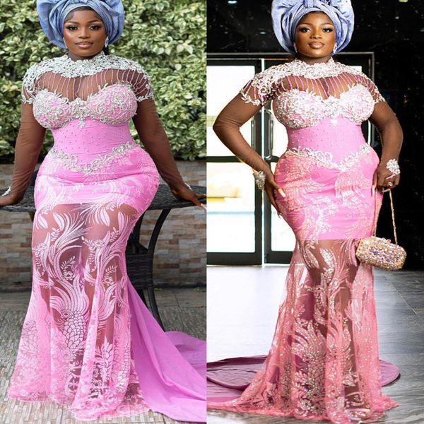 PLUS TAMANHO ASO ASO EBI EBI Rosa Mermaid Vestidos de baile brilhantes Vestidos de renda de renda