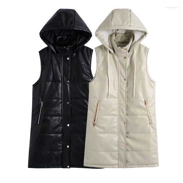 Gilet da donna Gilet da donna Nero Lungo in ecopelle Giacca senza maniche Donna Oversize con cappuccio Beige Autunno Caldo Cerniera imbottita Luci22