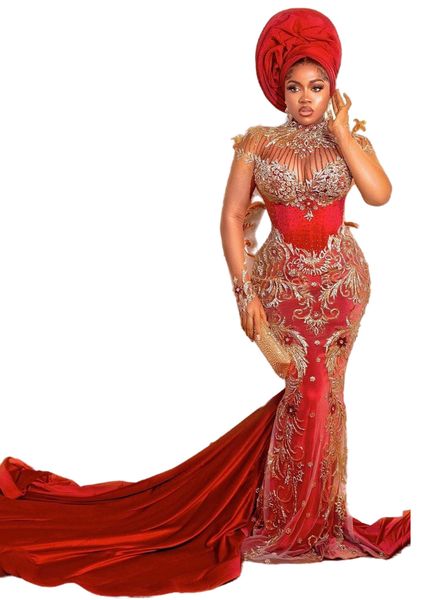 

aso ebi 2022 arabic plus size mermaid luxurious red prom dresses high neck evening formal party second reception birthday engagement gowns d, Black