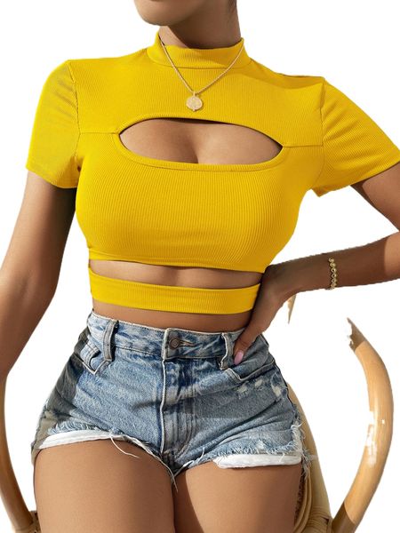 

cut out mock neck crop tee p8bm#, White