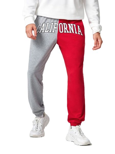 

men color block letter graphic drawstring waist sweatpants f1br#, Black
