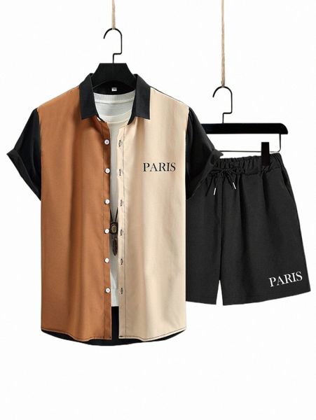 

men letter graphic colorblock shirt & drawstring waist shorts without tee 32td#, Gray
